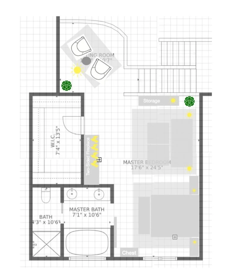 Owner's suite space plan by SK Design — bath, closet, and bedroom layout